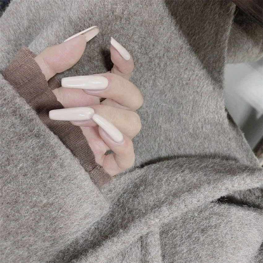 

24Pcs/Set Long Beige Removable Wearing False Nails French Simple Fashion Press on Nails Full Coverage Adhesive Fake Nails Tips