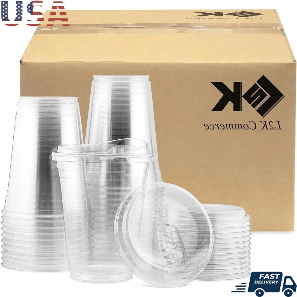 

1000 комплектов прозрачных кофейных чашек с безломенной крышкой, одноразовые пластиковые прочные стаканчики для напитков со льдом, без BPA, мероприятия, вечеринки