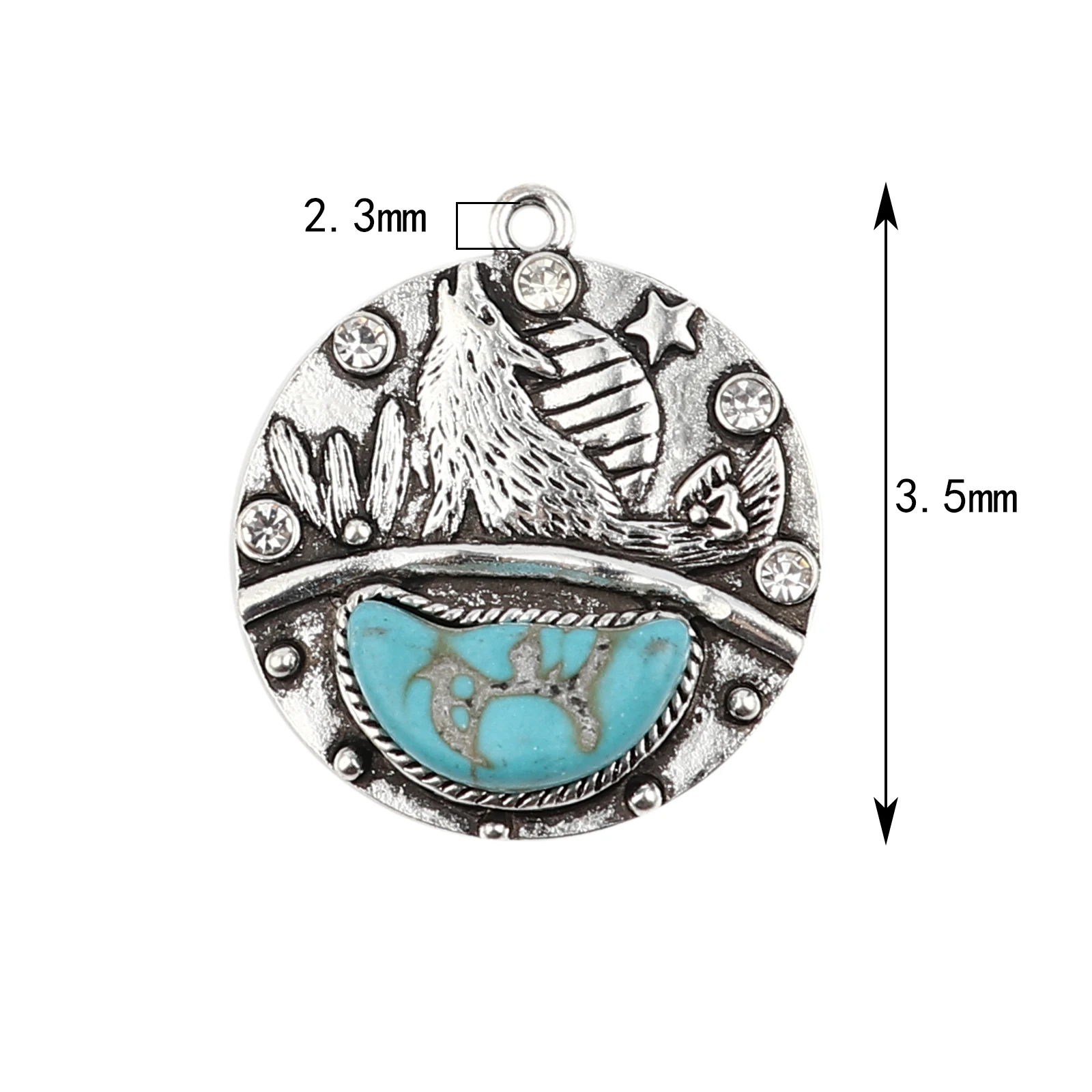 Bohemian Metal Pendants Round Antique Silver Color Blue Wolf  Rhinestone Charms DIY Necklace Earrings Jewelry 35mmx30mm,2PCs