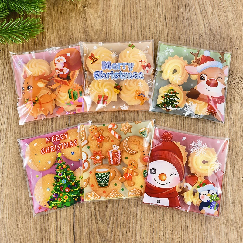 100pcs Christmas Cookie Gift Bags Santa Claus Snowman Biscuit Snack Bag Plastic Packing Bag Navidad Xmas Supplies New Year Party