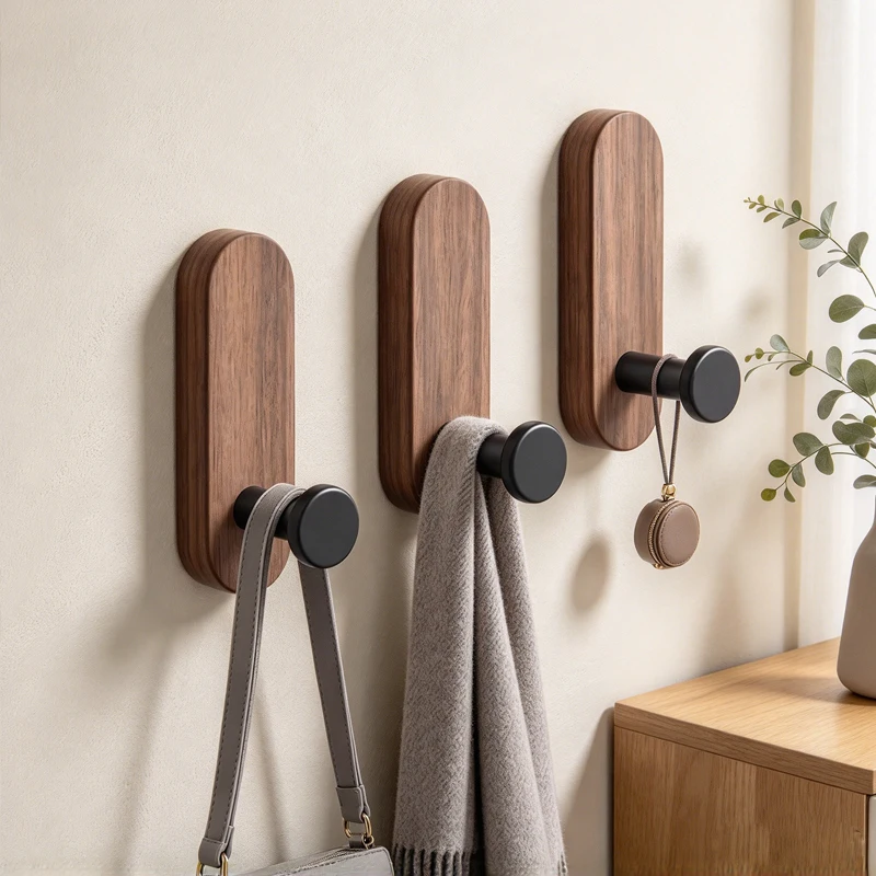 Simple Vintage Wooden Wall Hooks, Walnut Non Perforated Decorative Clothes Hooks, Entrance Bathroom Bedroom Clothes Hooks