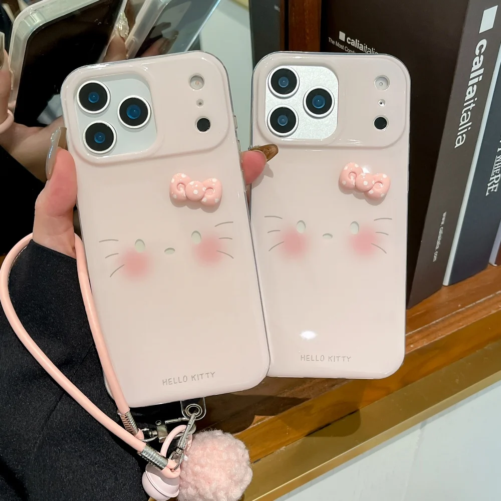 เคสโทรศัพท์ลายเฮลโลคิตตี้ 3 มิติ สีชมพู สำหรับ iPhone 16 17 ProMax 15 14 13 Pro Max ของขวัญสำหรับสาวๆ พร้อมสายคล้อง