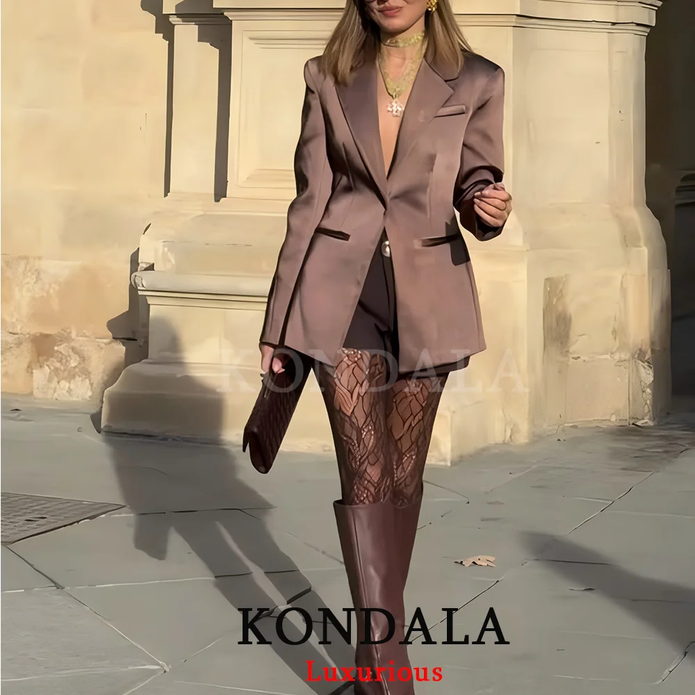 

KONDALA Sexy Chic Brown Satin Blazer Long Sleeve Backless Long Party Blazer Fashion 2025 Streetwear Evening Club Women Outwear
