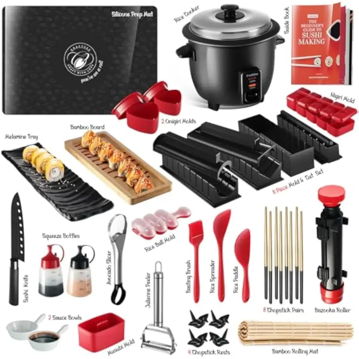Sushi Crafting System Featuring Electric Rice Cooker Bazooka Roller Onigiri Nigiri Musubi Molds Bamboo Mat Silicone Mat Avocado