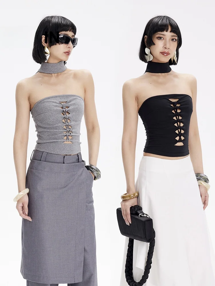 

Топ ручной работы с вырезами, без бретелек, с дизайном, подчеркивающим шею, без рукавов, с круглым вырезом, облегающий, укороченный, цветной