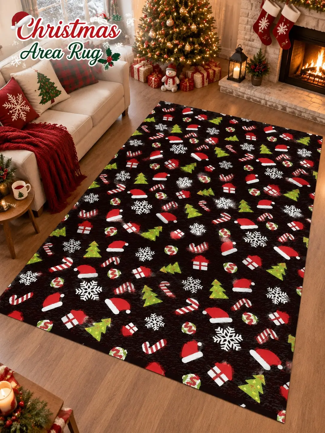 Christmas Rug Santa Hat Candy Cane Snowflake Floor Decor Carpet Living Room Bedroom Dining Area Entryway Apartment Cabin Winter Home Accent Beside Sofa Coffee Table Housewarming Birthday Gift for Family Friends Neighbors Homeowners Holiday Gatherings