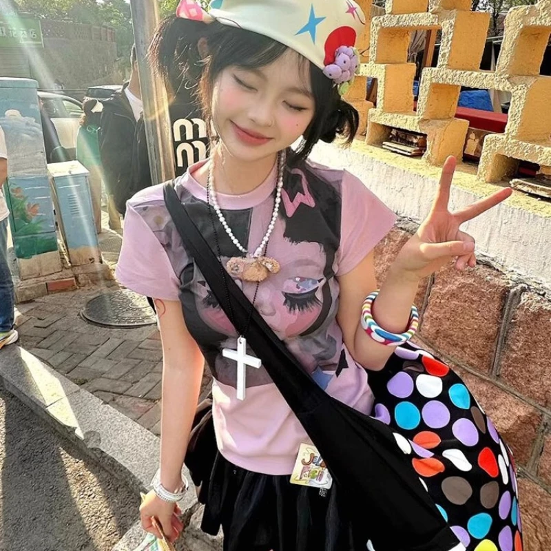 Japanese Pink Round Neck Women's Short-sleeved T-shirt Original 2025 Summer New Cartoon Print Slim Thin Hot Girl T-shirts Ladies