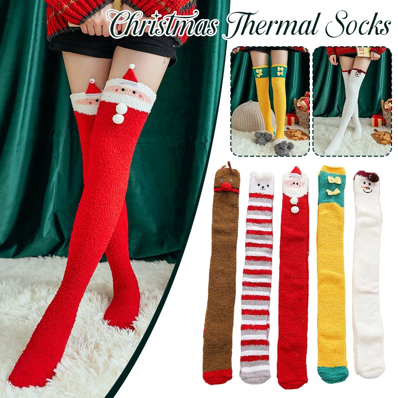 

Cute Cartoon Women's Christmas Over Knee Socks Long Thigh High Socks Girls Fleece Warm Winter Socks New Year Decoration Gift﻿