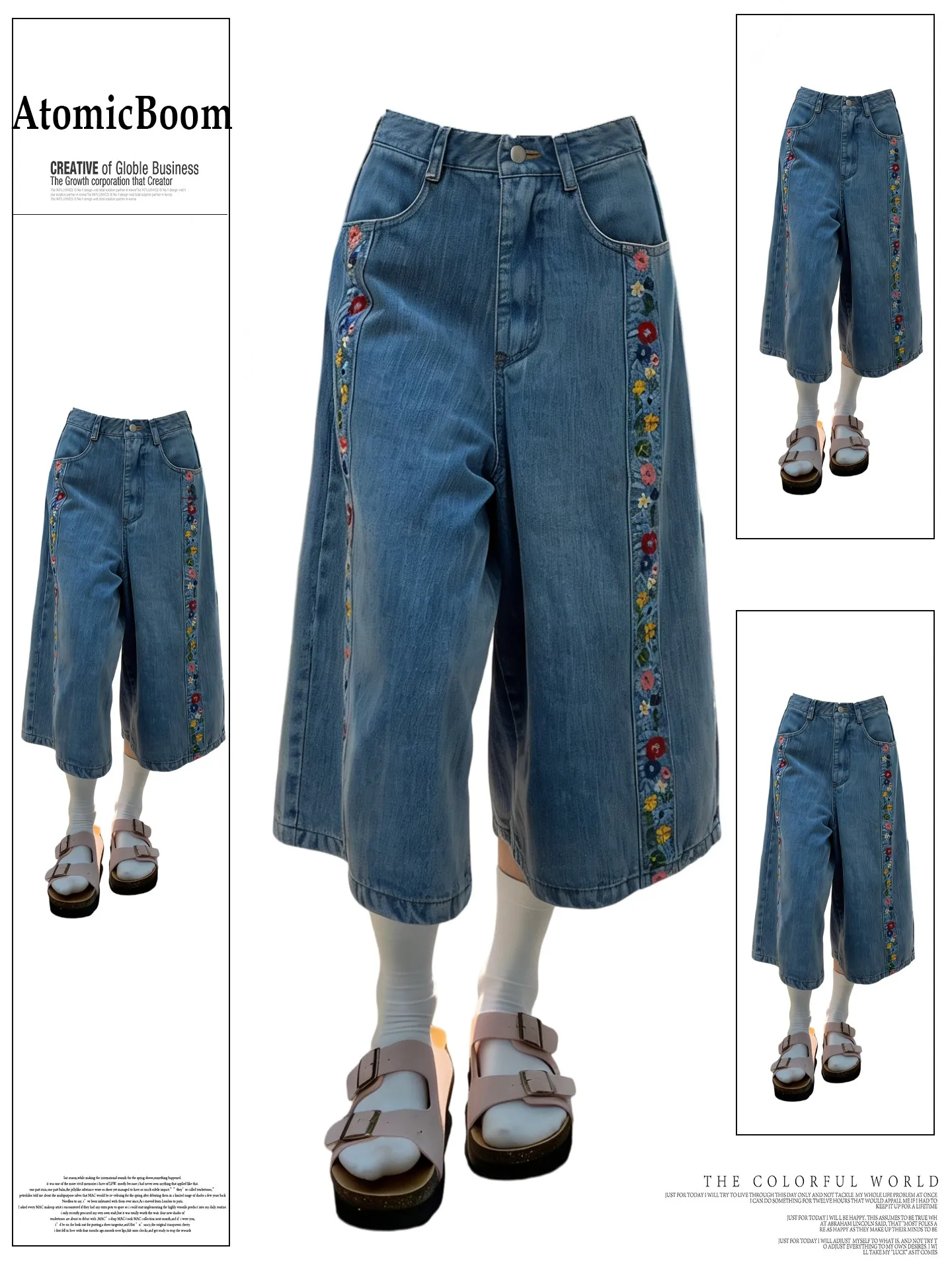 

Retro American Floral Print Denim Shorts Women's Summer New Street Sexy Loose Slim Straight Leggings Casual Wide Leg Jeans