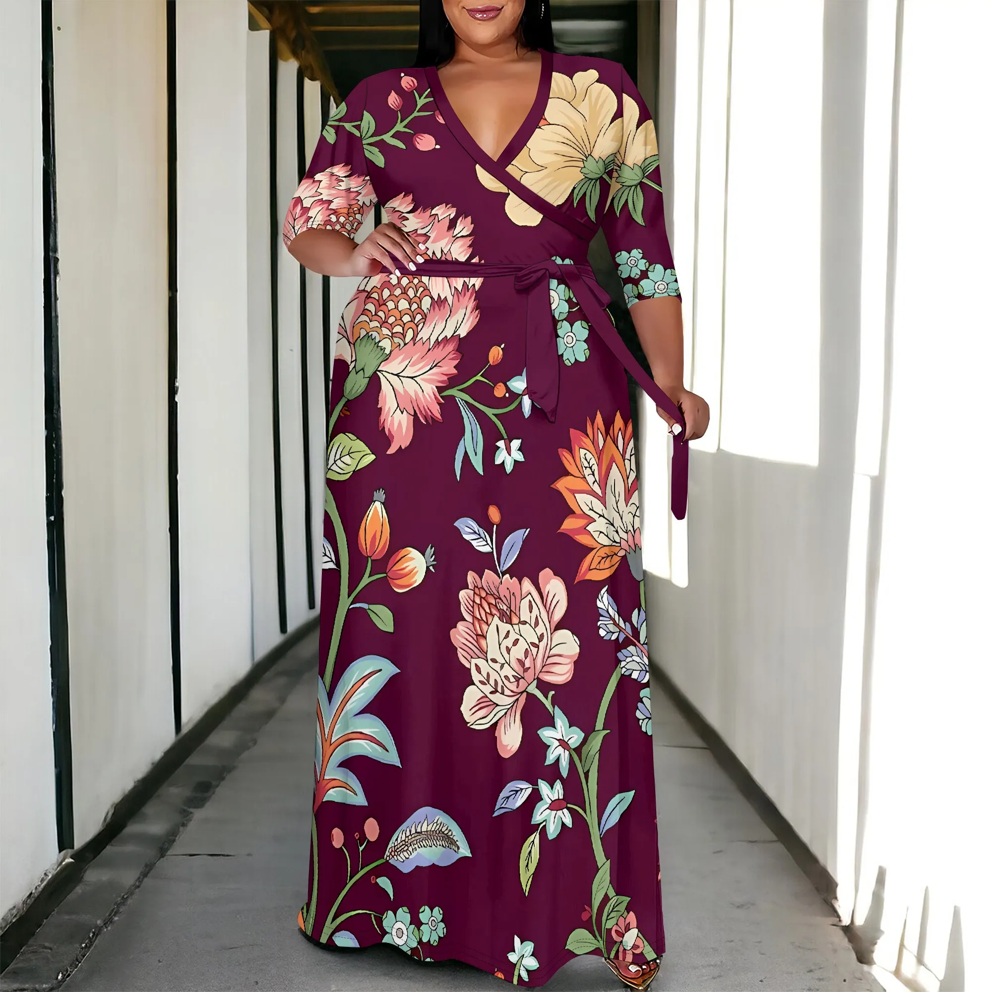 

Nupusa Plus Size Floral Print Maxi Dress for Women – Deep V Neck Long Sleeve Slim Fit Summer Dress