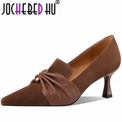 【JOCHEBED HU】Women's Handmade Genuine Leather Heel Shoes New Retro Suede Shallow Mouth Pointed Shoes Business Shoes 33-43
