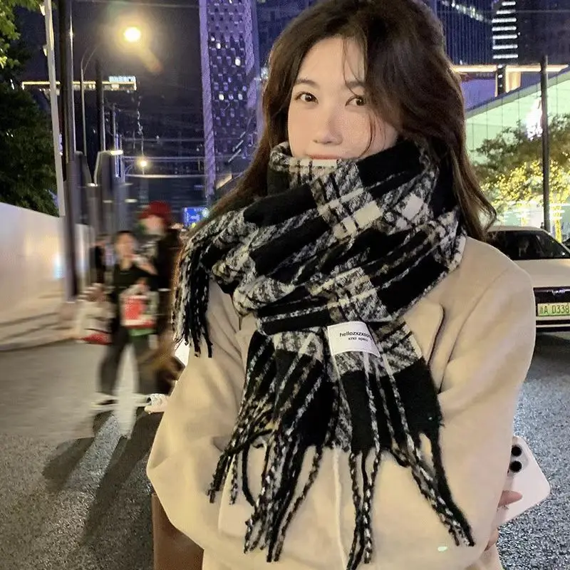 Autumn New Korean Style Warm Scarf Woman Plaid Elegant Shawl Girl Holiday Party Red Casual Preppy Winter Scarf