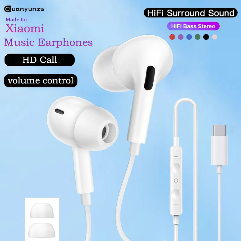 

Wired Earphones Type C In Ear Hifi Bass Stereo Earbuds Hedphones USB C Sport Headset for Redmi Xiaomi 17 15 14 13 12 11 Pro