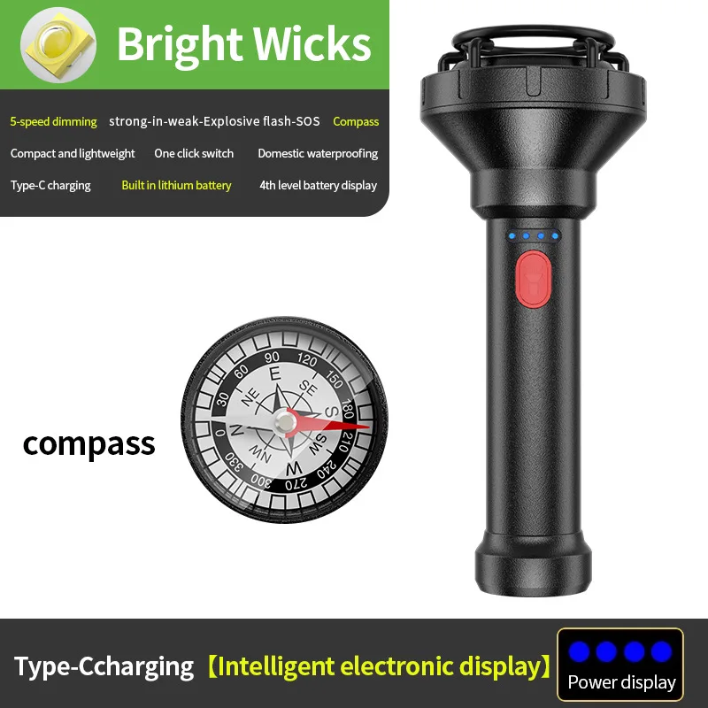 LED Powerful Flashlight with Compass Power Display USB Rechargeable Waterproof Portable Torch Outdoor Adventure Emergency Light