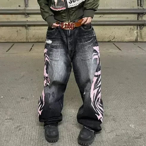 Pantalones vaqueros con estampado de hojas de colores Otoño Harajuku 2025 American Plus temporada contrastante e pantalones nuevos de invierno pantalones vaqueros góticos para mujer