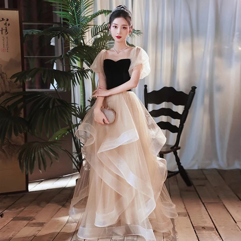 

Evening Dress Black 2025 New Fashion Sexy Square Collar Bubble Sleeve Pleated Princess Dress Formal Women Elegant Party Dresses