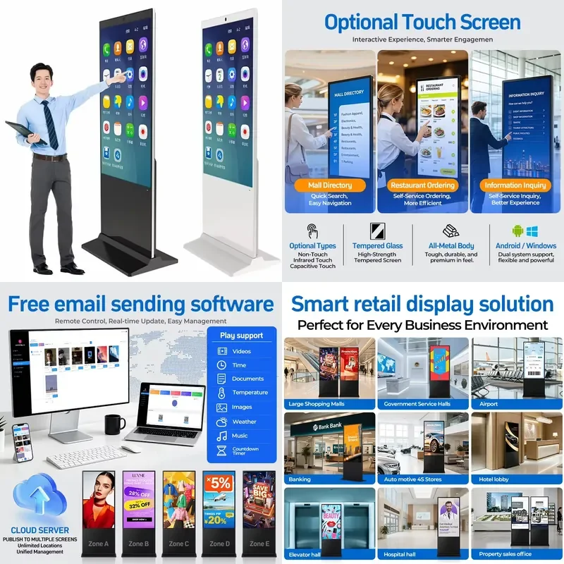 4K UHD 49 55 65 Inch LCD Floor Standing Digital Signage Display Touch Screen Kiosk with Animation Built In CMS WiFi Hotspot