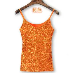 New Women Sequined Spaghetti Camisole Tank Tops Summer Clubwear Tops Sexy Round Neck Sequin Camisole Lady Strap Vest Orange