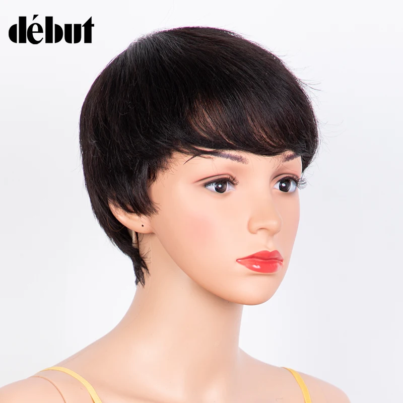 Debut Wholesale Clearance Black Color Short Wavy Bob Pixie Cut Full Machine Made Human Hair Wigs With Bangs For Black Women