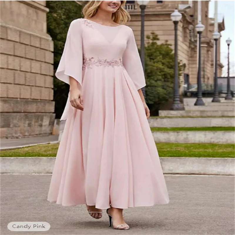 

A-Line Mother of the Bride Dress Formal Wedding Guest Elegant Ankle Length Chiffon 3/4 Length Sleeve with Beading free custom