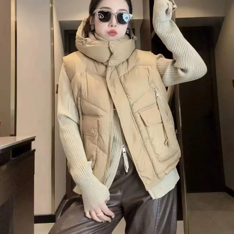 

2026Новая корейская куртка без рукавов, женская осенне-зимняя хлопковая жилетка, пальто, женские парки с капюшоном, модная верхняя одежда, короткий жилет, топы