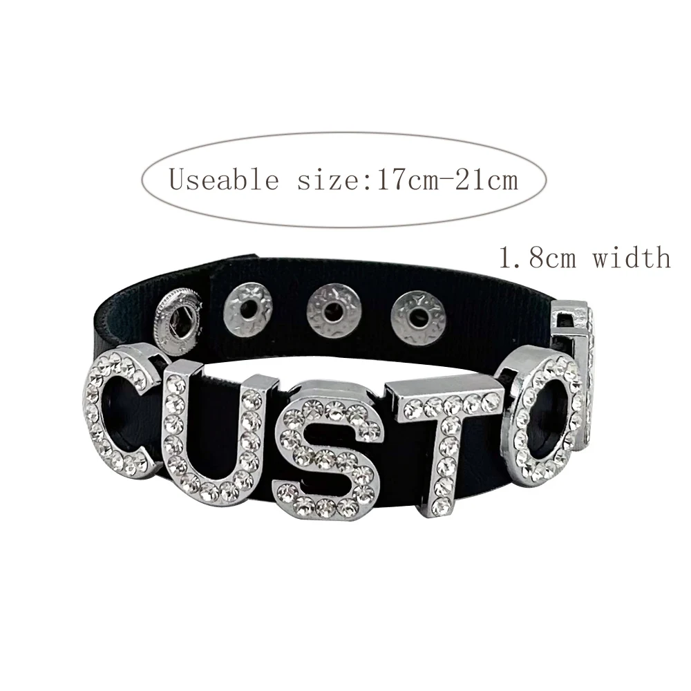 Customized Men Women Unisex Crystal Faux Leather Name Letter Bracelet Punk Harajuku Personal Custom Metal Cuff Jewelry Gift