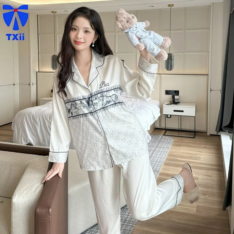 High-end Custom Ice Silk Pajamas Women\'s Spring and Summer Thin Herringbone Jacquard suit Light Luxury Outfit Home Clothes