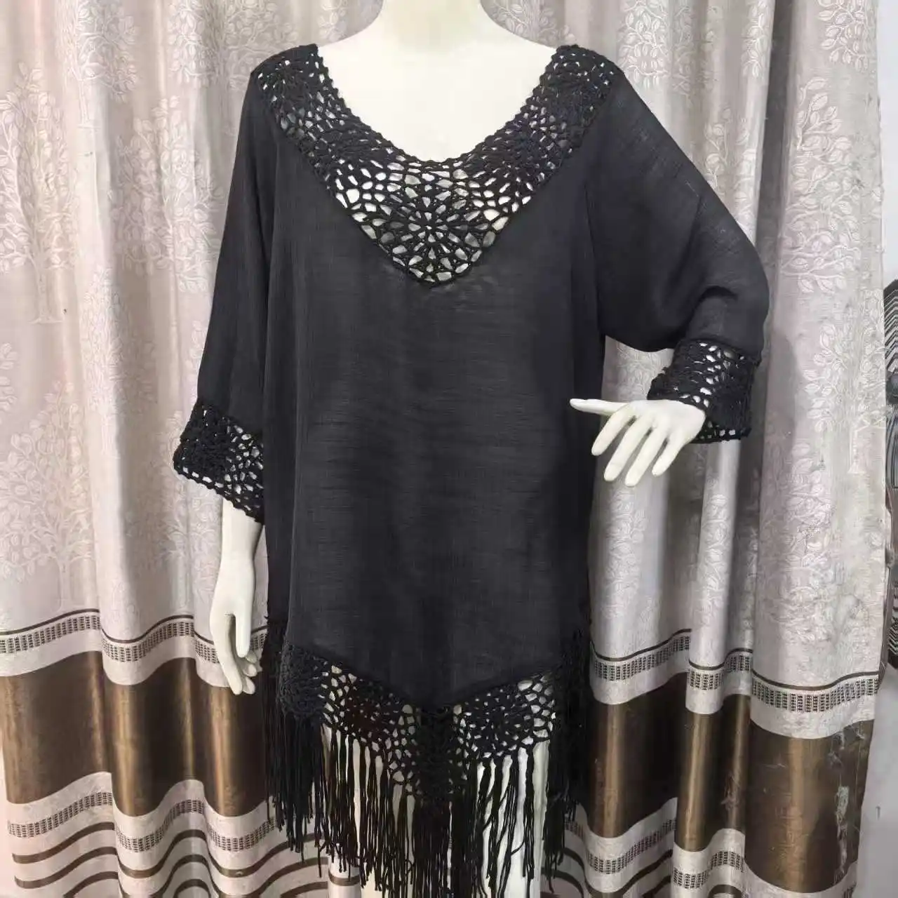 2026 Summer Women's Hand Crocheted Fringe Beach Cover Up Hollow Out Loose Plus Size Solid Color Vacation Sun Protection Swimwear