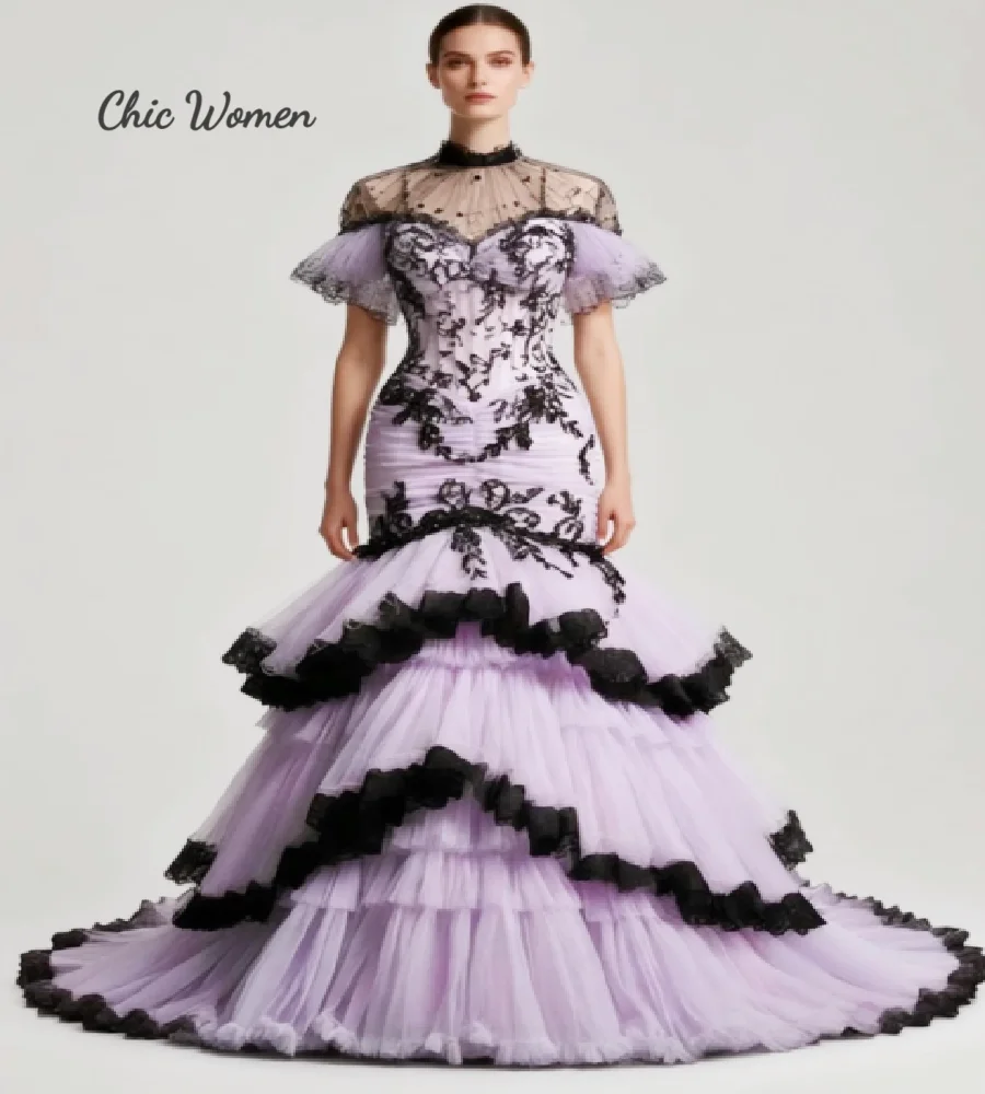 Gorgeous Lilac Mermaid Wedding Dress 2026 High Neck Short Sleeve Gothic Black Lace Bridal Dress Tiered Princess Bride Celtic