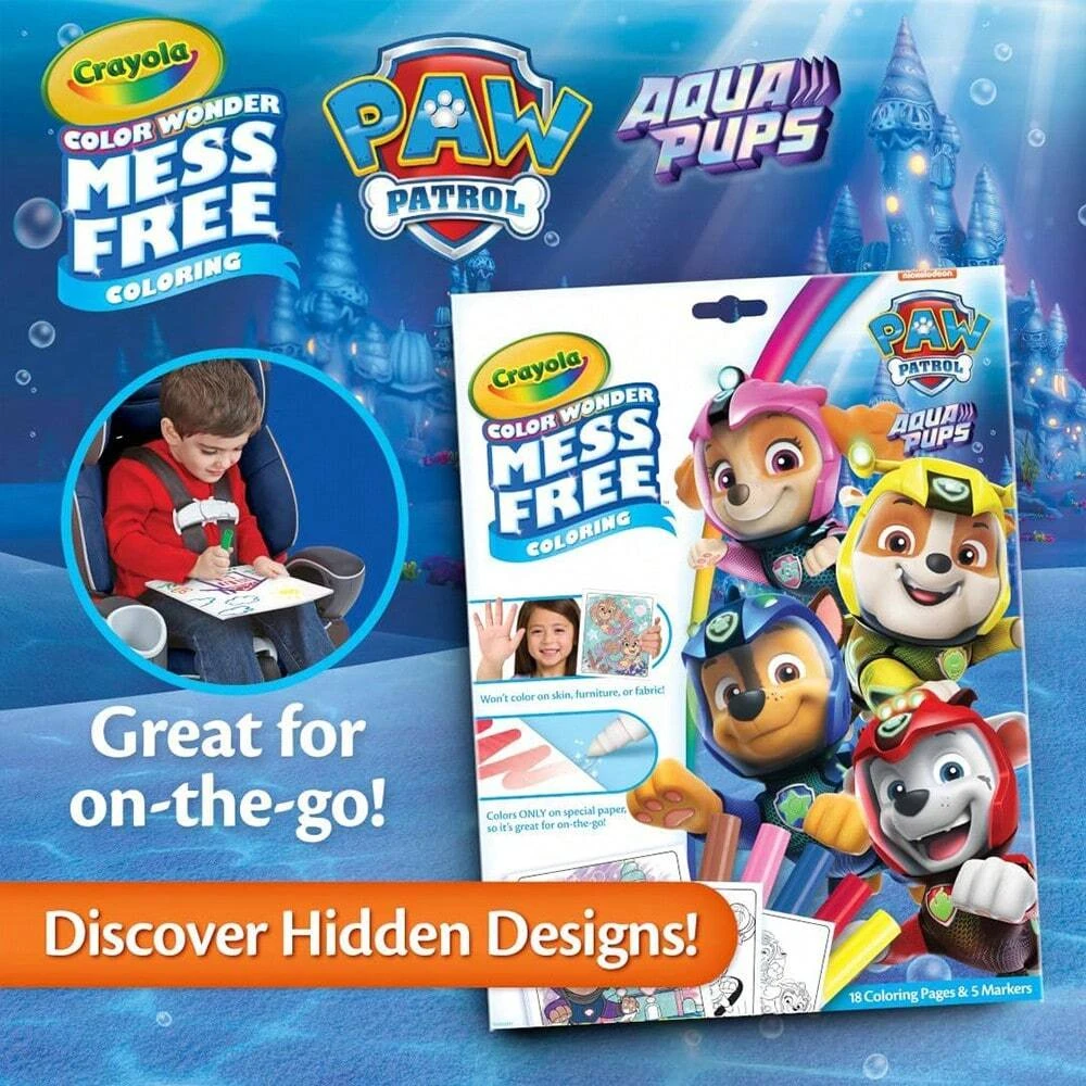 Crayola Color Wonder Paw Patrol Aqua Pups Coloring Set (20+ Pcs), 18 Color Wonder Pages, 5 Mess Free Markers, Toddler Coloring