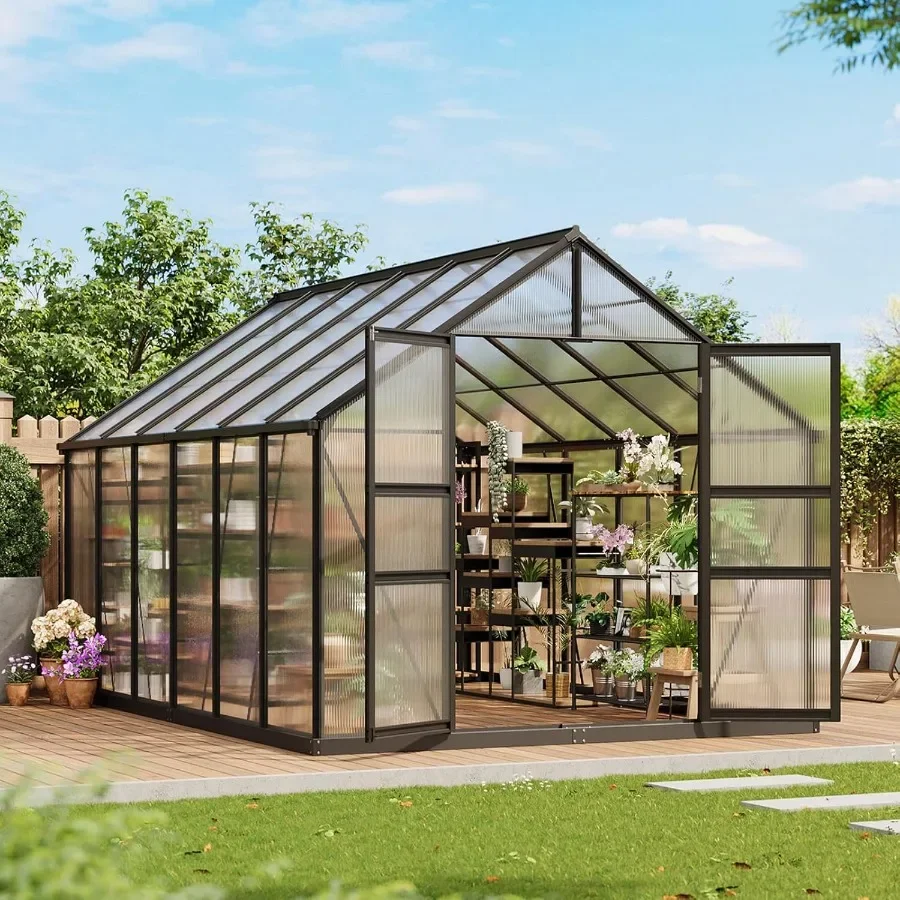 

8x12 FT Greenhouse for Outdoors Polycarbonate Greenhouse with Roof Vent Ground Nails Lockable Push Door Aluminum Large Walk-in