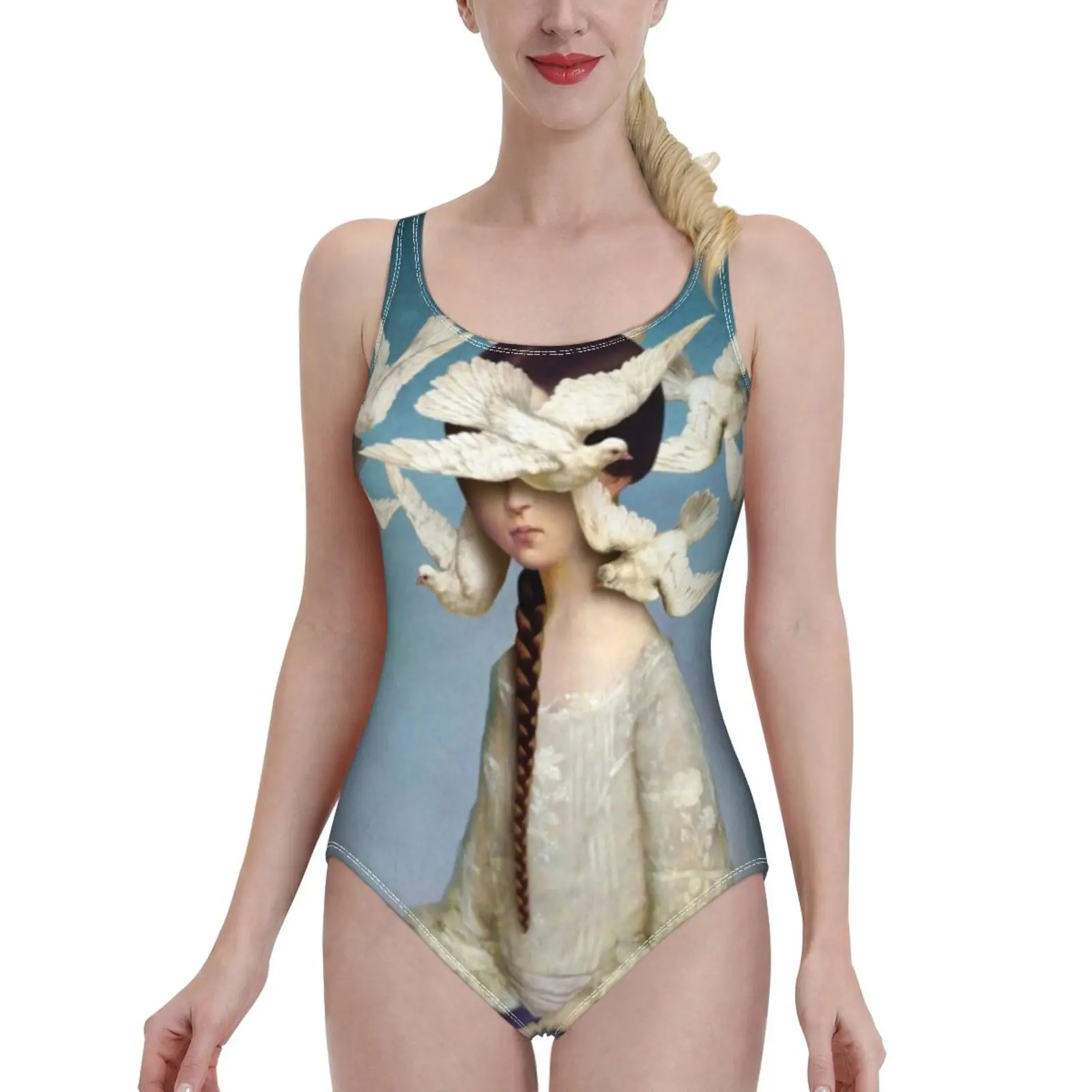 

The Beginning One Piece Swimsuit Women Swimwear Sexy Classic Backless Bodysuit Beach Bathing Wear Girl Birds Dove Portrait