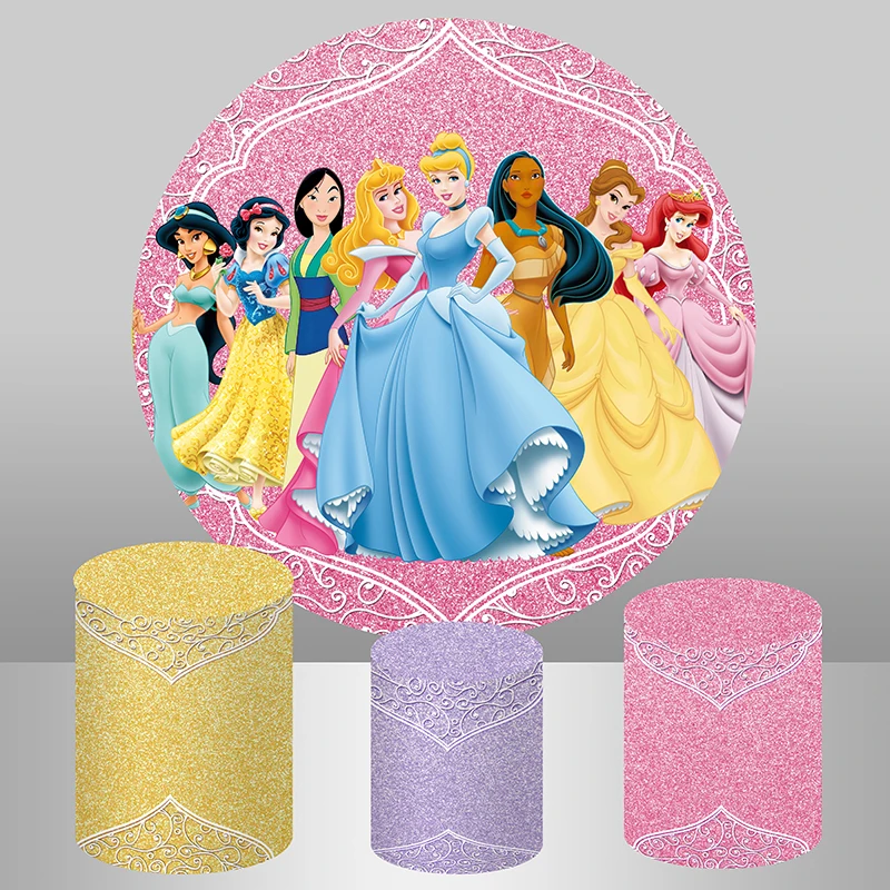 

Princess Cinderella Jasmine Belle Ariel Round Backdrop for Girls Birthday Party Decoration Pink Glitter Plinth Covers Supplier