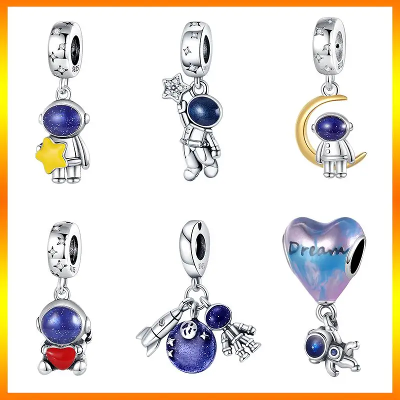 

925 Sterling Silver New in Stars Moon Astronaut Charm Beads Fits Pandora Original Bracelet Women Pendant Bead DIY Jewelry Gift