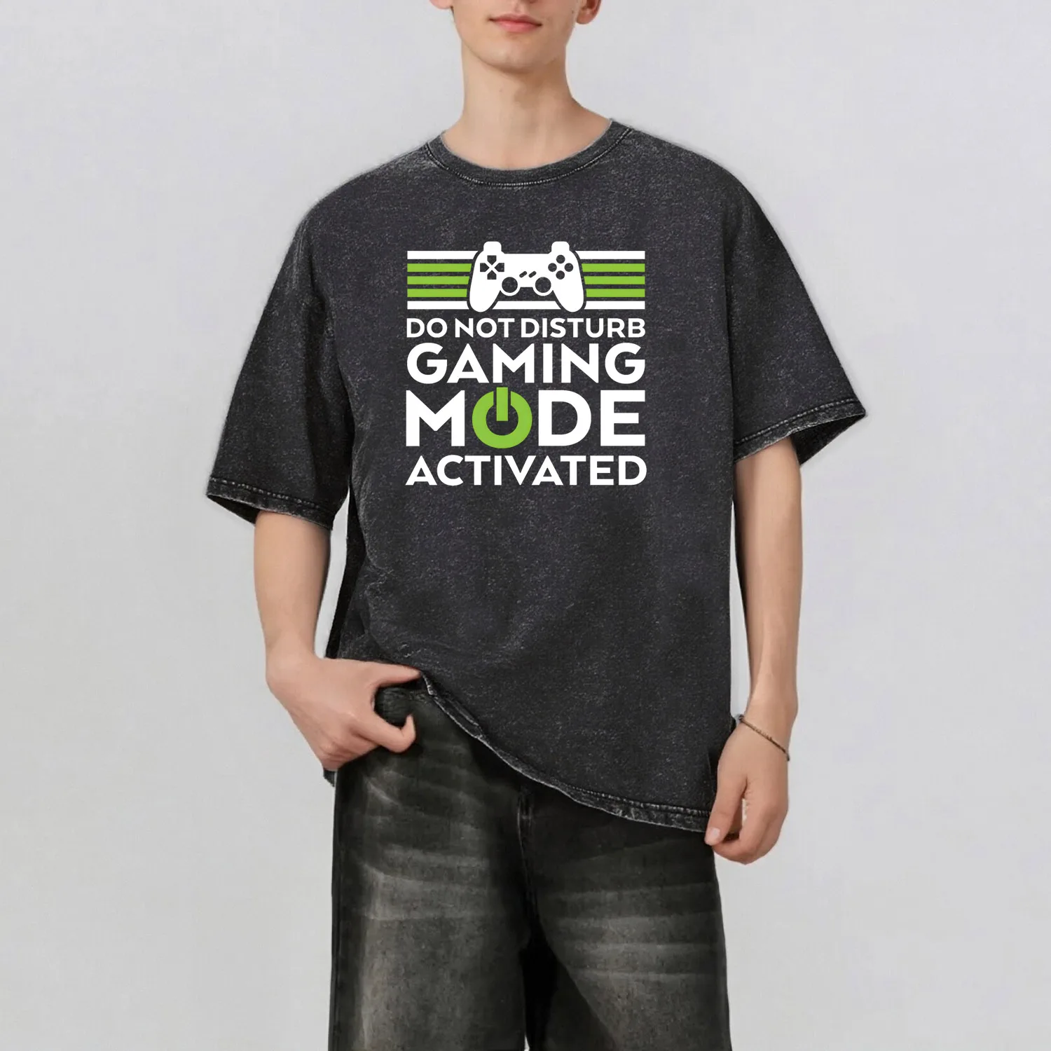 

Game Console Pattern Rint Men's Summer Retro Style Washed Water T-Shirt Casual Short Sleeved Basic Men's Top 230G