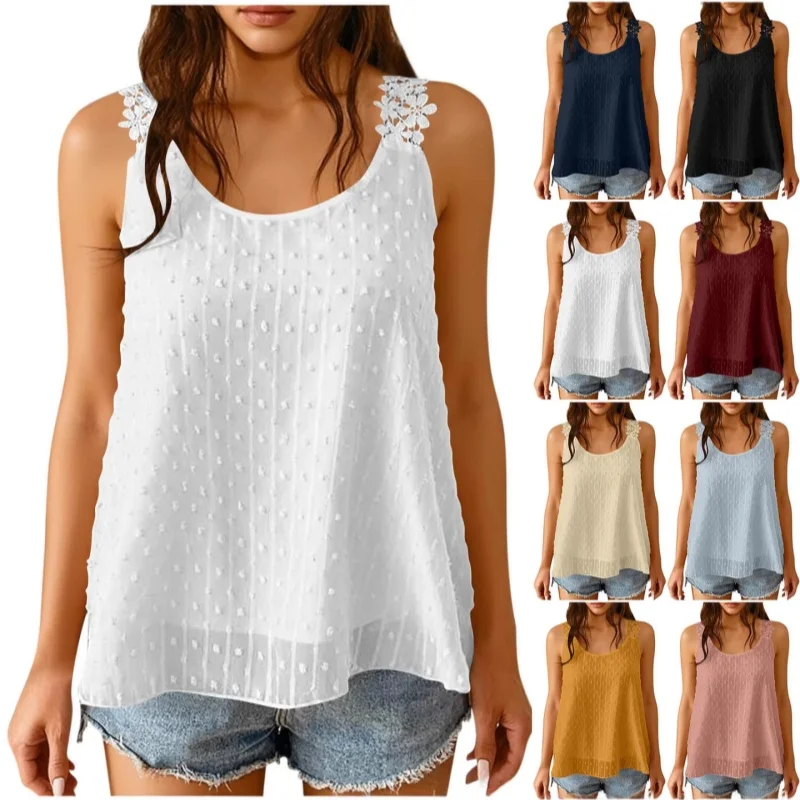 Summer Women Raised Lace Embriory Sleeveless Vest Tank Strap Casual Top Tops T Shirt Shirts Blouse