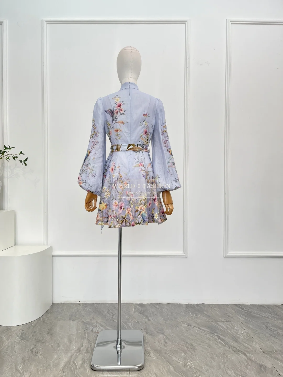 2025 Women New Fashion Blue Floral Print Long Sleeve Mini Dress