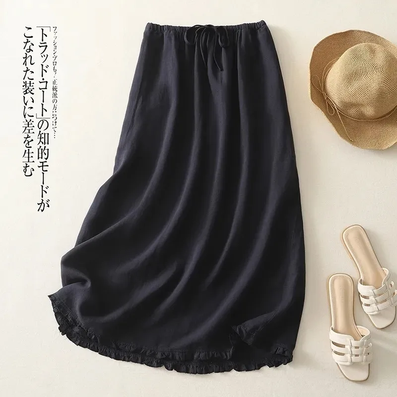 

Womens Dark Blue Linen Blend Maxi Skirt Elastic Waist Ruffled Hem Casual