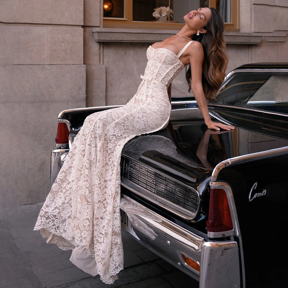 

Customized Boho White Lace Wedding Dress Formal Sweetheart Sleeveless Bridal Gowns Dreamy Mermaid Sweep Train Vestido De Novia