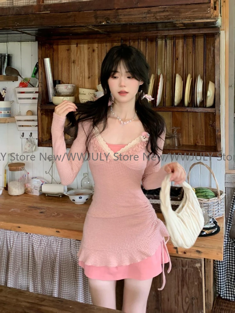 Jesień Zima Cottage Core Gyaru Two Piece Sets Dress Women Mori Girl 2000s Aesthetic Y2k Slim Mini Dress Suit Korean Style