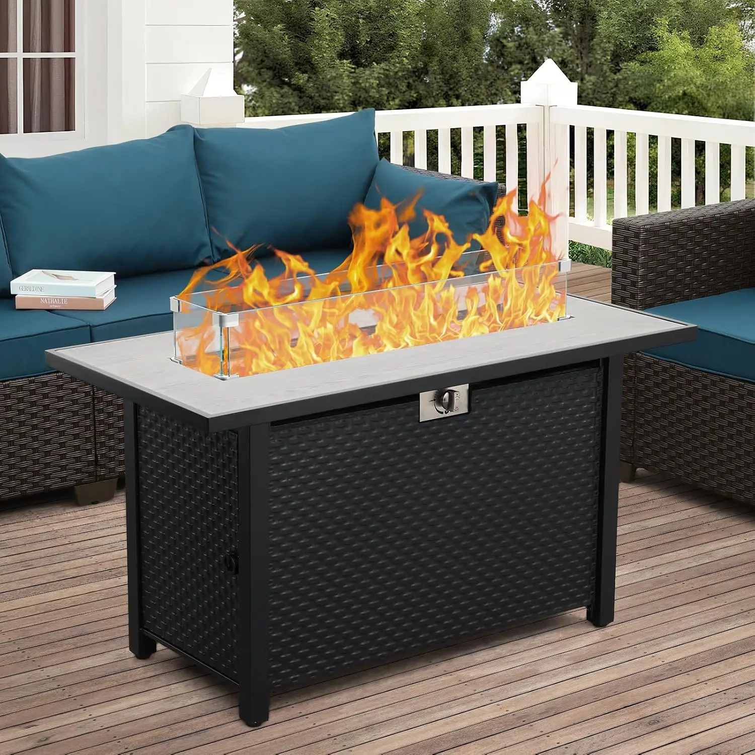 45 Inch Fire Table for Outside 60000 BTU Steel Gas Fire Pit Outdoor Fire Pit Table with Woodgrain Tile-Effect Tabletop Glass Win