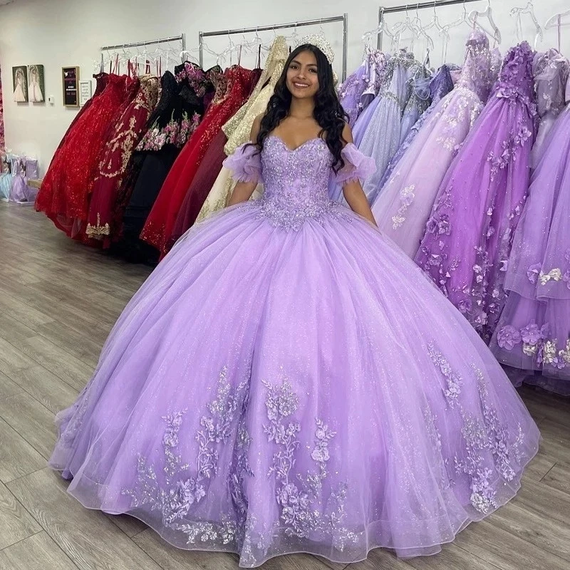 

ANGELSBRIDEP Lilac Vestidos De Años Quinceanera Dresses Glitter Tulle Appliqued Lace Sweet 16 Princess Birthday 15th Party Gowns