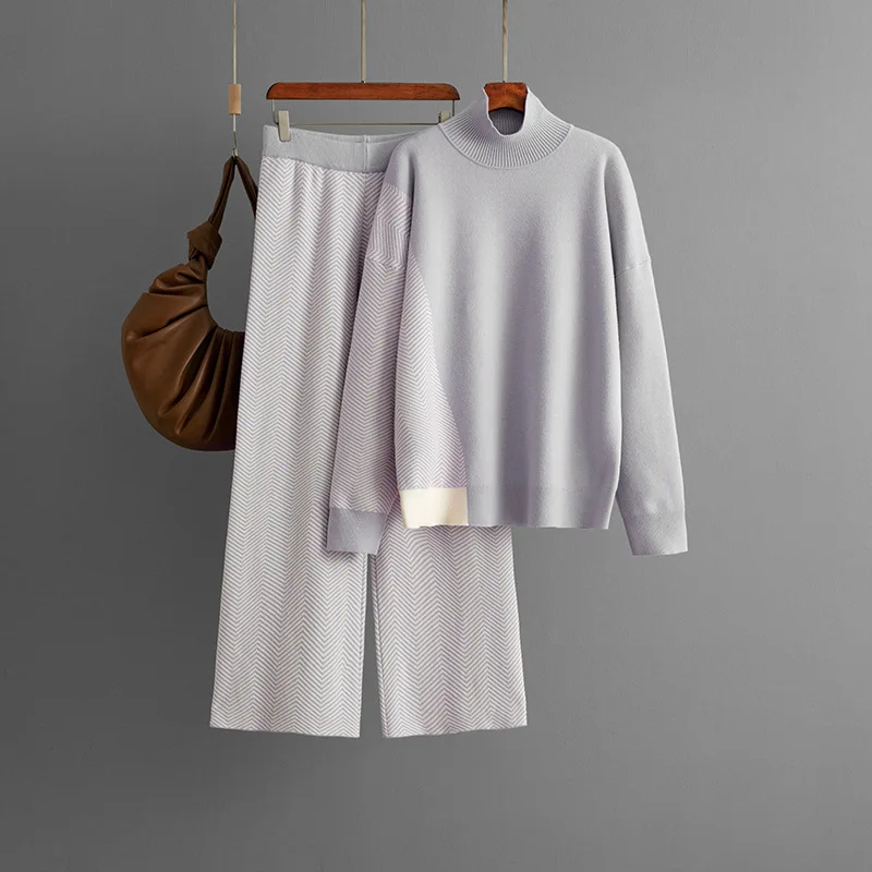 Autumn Winter Women's Clothing New Fashion Casual Contrasting Color Semi High Neck Loose Knit Top Wide Leg Pants Two-piece Set