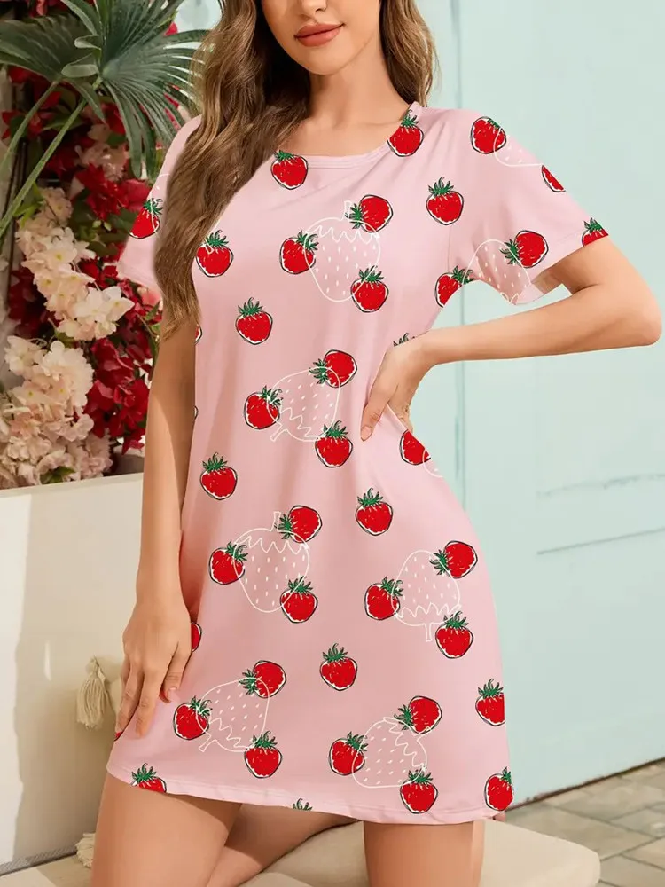 

Summer Short Sleeve Nightgown with Strawberry Print Soft Pink Nightdress Modal Comfortable Breathable Women Home Sleeping dress
