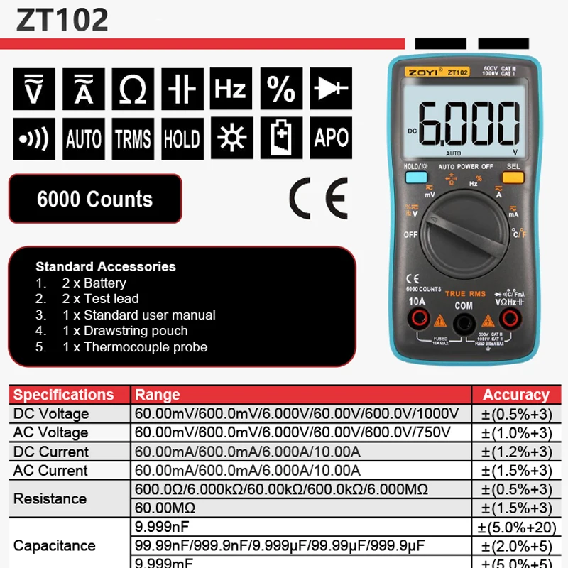 ZOYI Digital Multimeter ZT-102 Auto Range 6000 Count AC/DC Ammeter Voltmeter Ohm Hertz True RMS Tester Portable Meter