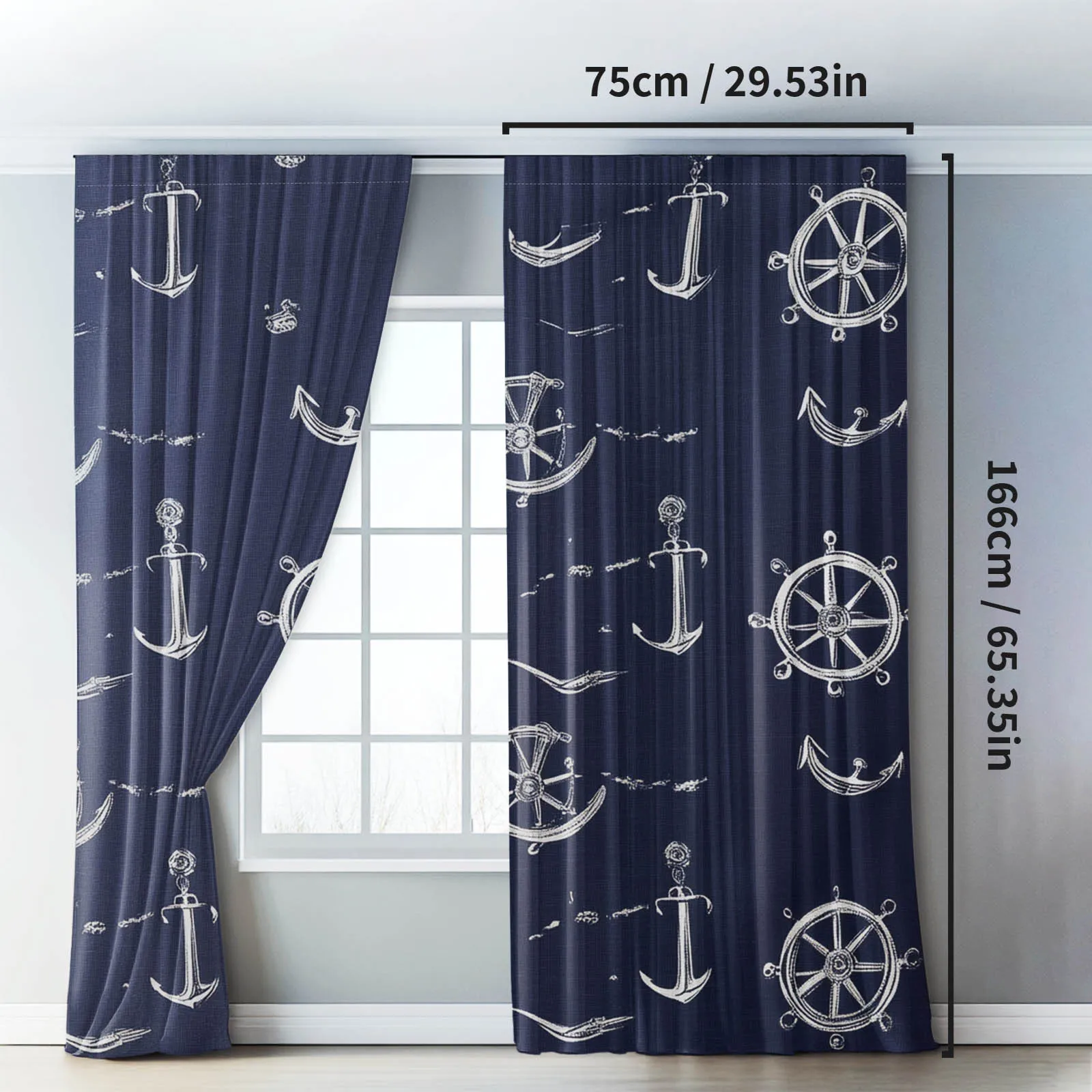 Navy Blue Nautical Curtains Drapes Coastal Marine Decor Anchor Ship Wheel Pattern Window Coverings Grommet Curtains for Beach