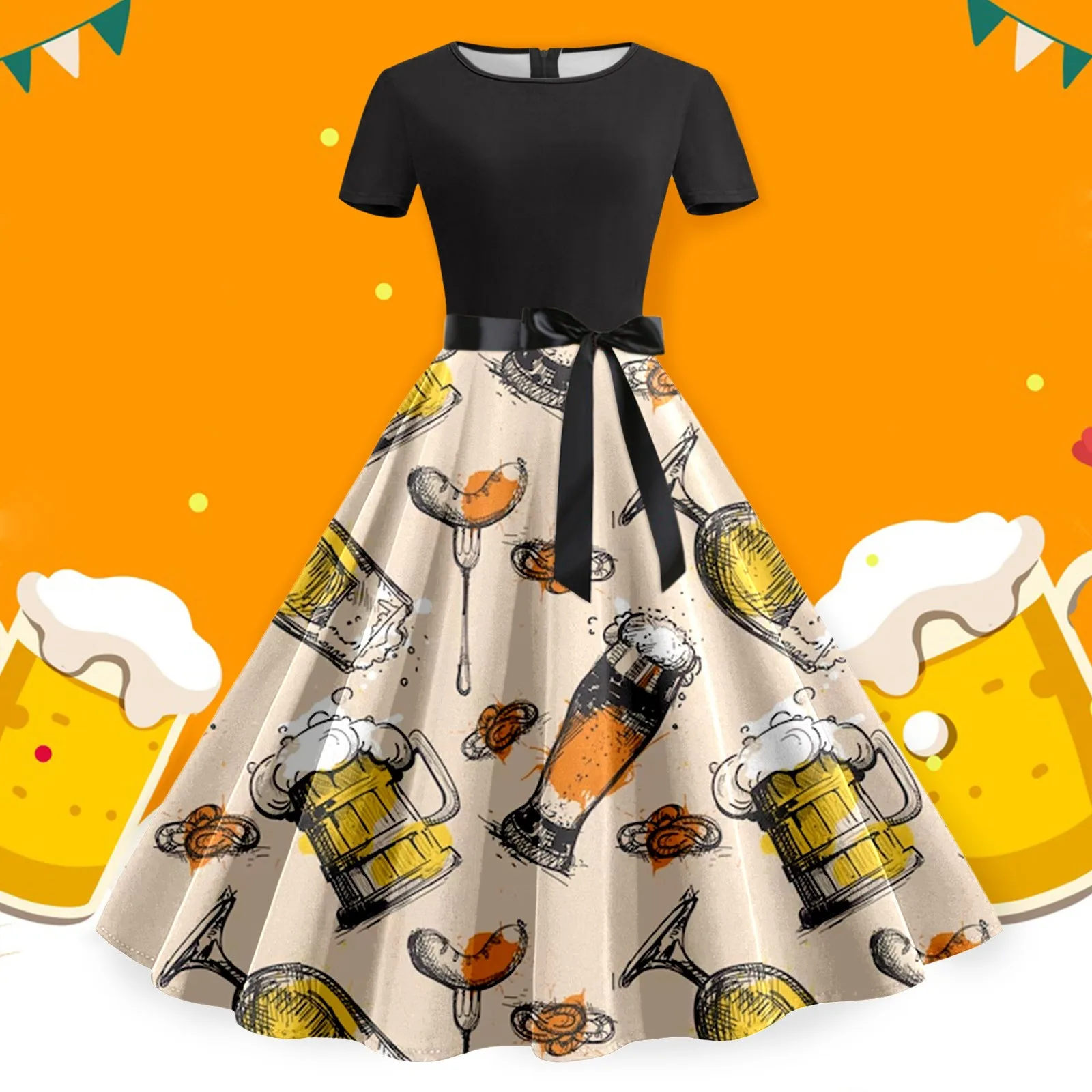 Casual Vintage German Oktoberfest Dirndl Costume Beer Printed Lace-Up Large Swing Dress Carnival Festival Hallowee Ladies Dress