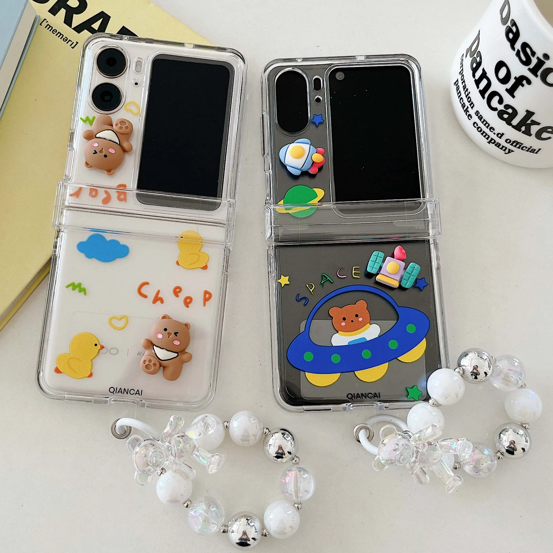 For Oppo Find N2 flip 5G 3D spaceship bear duck cartoon relif bracelet pc hard 3 in 1 shockproof phone case back cover fundas