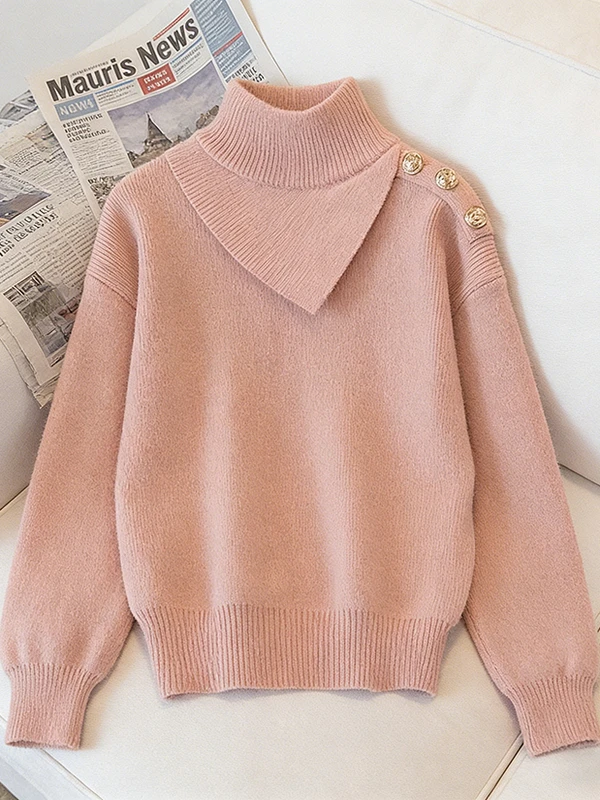 

plus Size Women's Knitwear Pink Loose Slimming Fashionable Korean Style Long Sleeve Half High Collar Color Winter Sweater