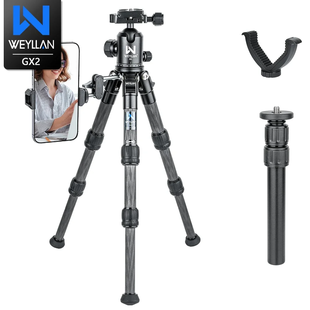 

WEYLLAN Carbon Fiber Camera Tripod 360°Ball Head Lightweight Tabletop Tripod GX2 Travel Tripod V Yoke Bracket For DSLR Camera